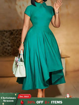 Elegant Church Dresses for Women Pleated A Line Short Sleeves Irregular peacock blue / S