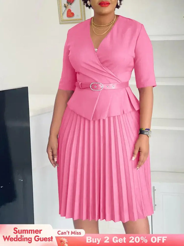 Elegant Church Dresses for Women V Neck Peplum Pleated Waist Belt
