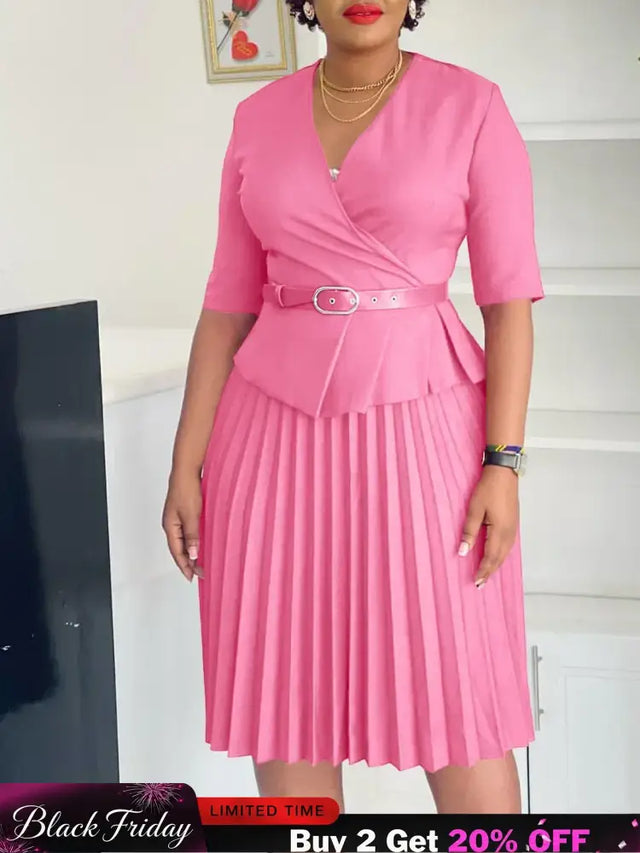 Elegant Church Dresses for Women V Neck Peplum Pleated Waist Belt