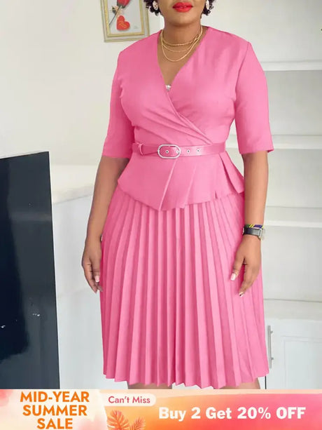 Elegant Church Dresses for Women V Neck Peplum Pleated Waist Belt