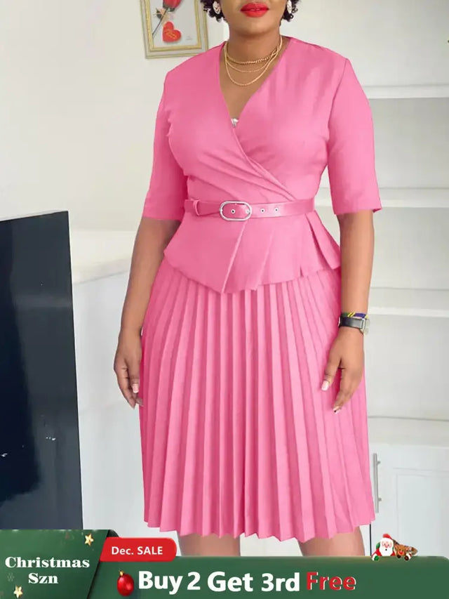 Elegant Church Dresses for Women V Neck Peplum Pleated Waist Belt