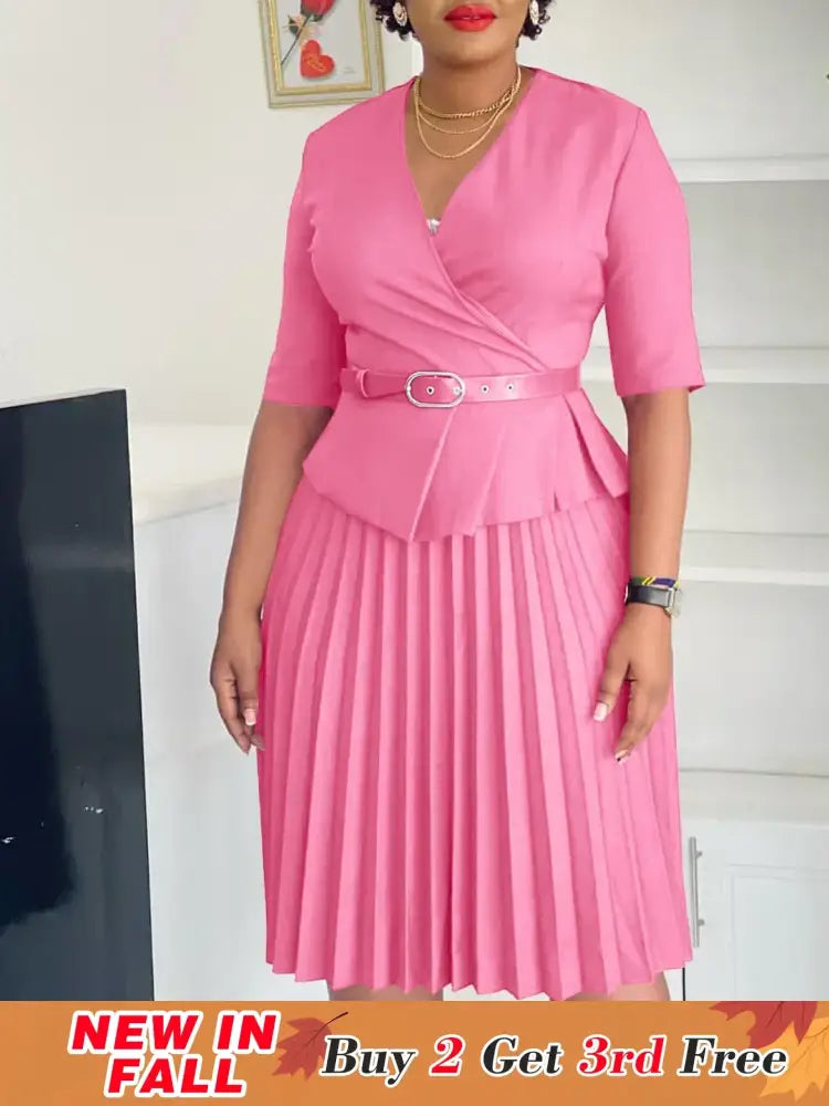 Elegant Church Dresses for Women V Neck Peplum Pleated Waist Belt