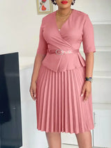 Elegant Church Dresses for Women V Neck Peplum Pleated Waist Belt