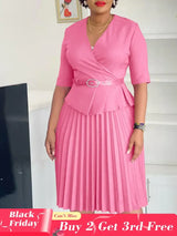 Elegant Church Dresses for Women V Neck Peplum Pleated Waist Belt