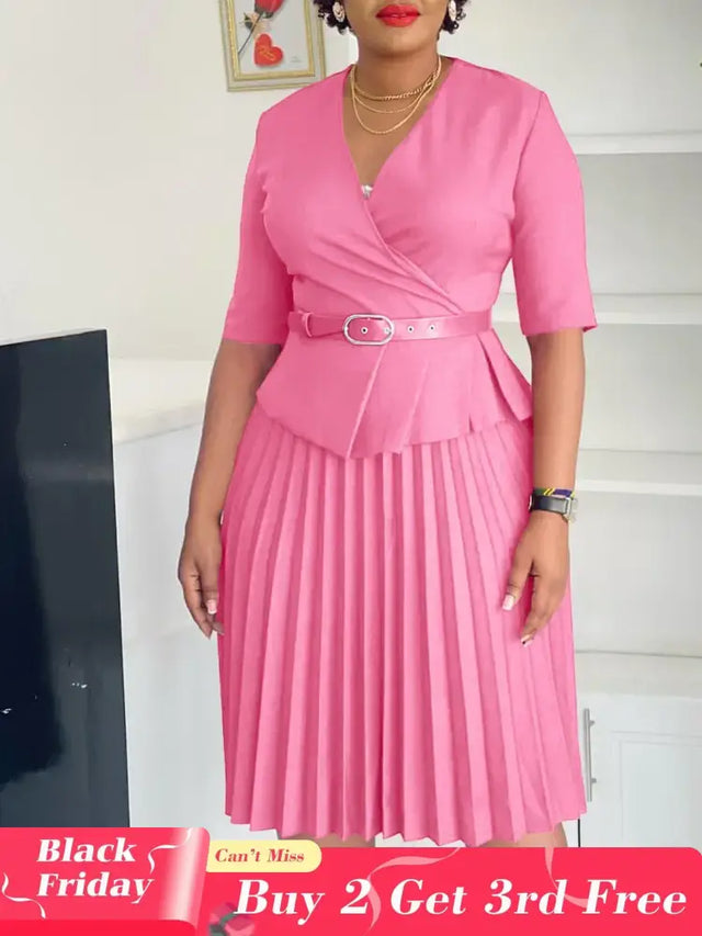 Elegant Church Dresses for Women V Neck Peplum Pleated Waist Belt