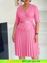 Elegant Church Dresses for Women V Neck Peplum Pleated Waist Belt