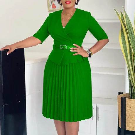 Elegant Church Dresses for Women V Neck Peplum Pleated Waist Belt Green / S