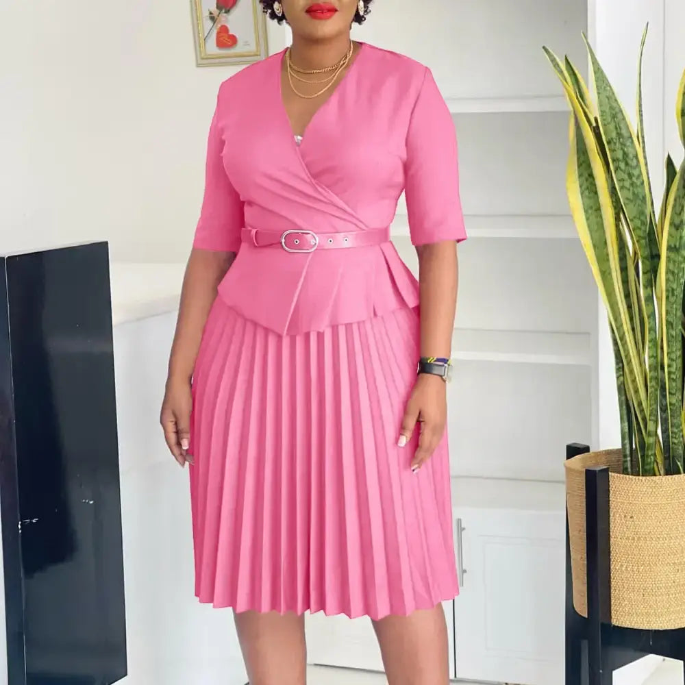 Elegant Church Dresses for Women V Neck Peplum Pleated Waist Belt Pink / S