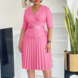 Elegant Church Dresses for Women V Neck Peplum Pleated Waist Belt Pink / S