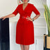 Elegant Church Dresses for Women V Neck Peplum Pleated Waist Belt Red / S