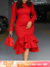 Elegant Church Dresses Long Sleeves Mermaid Ruffles for Women Office Ladies Work Business Party Red / S