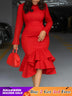 Elegant Church Dresses Long Sleeves Mermaid Ruffles for Women Office Ladies Work Business Party Red / S