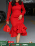 Elegant Church Dresses Long Sleeves Mermaid Ruffles for Women Office Ladies Work Business Party Red / S