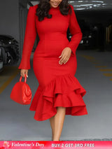 Elegant Church Dresses Long Sleeves Mermaid Ruffles for Women Office Ladies Work Business Party Red / S