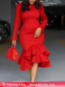 Elegant Church Dresses Long Sleeves Mermaid Ruffles for Women Office Ladies Work Business Party Red / S
