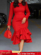 Elegant Church Dresses Long Sleeves Mermaid Ruffles for Women Office Ladies Work Business Party Red / S