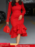 Elegant Church Dresses Long Sleeves Mermaid Ruffles for Women Office Ladies Work Business Party Red / S