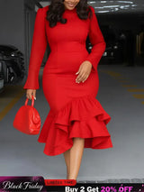 Elegant Church Dresses Long Sleeves Mermaid Ruffles for Women Office Ladies Work Business Party Red / S