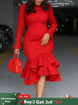 Elegant Church Dresses Long Sleeves Mermaid Ruffles for Women Office Ladies Work Business Party Red / S