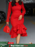 Elegant Church Dresses Long Sleeves Mermaid Ruffles for Women Office Ladies Work Business Party Red / S