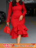 Elegant Church Dresses Long Sleeves Mermaid Ruffles for Women Office Ladies Work Business Party Red / S