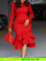 Elegant Church Dresses Long Sleeves Mermaid Ruffles for Women Office Ladies Work Business Party Red / S