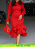 Elegant Church Dresses Long Sleeves Mermaid Ruffles for Women Office Ladies Work Business Party Red / S