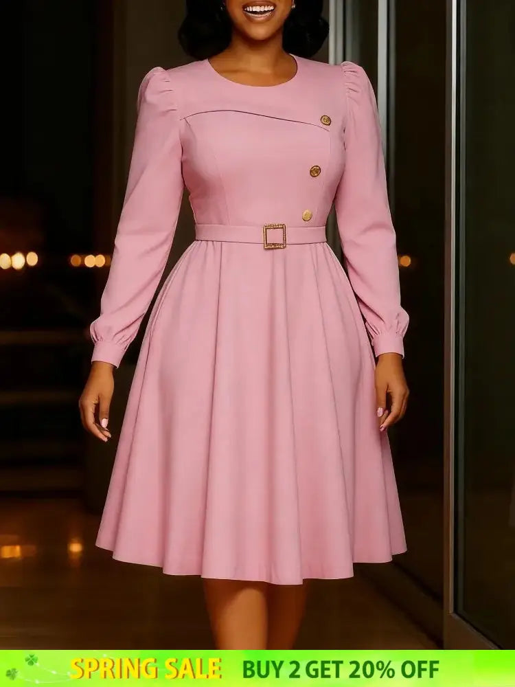 Elegant Church Women A Line Dresses O Neck Long Sleeve Waist Belt High Waist Pleated