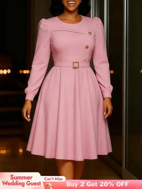 Elegant Church Women A Line Dresses O Neck Long Sleeve Waist Belt High Waist Pleated