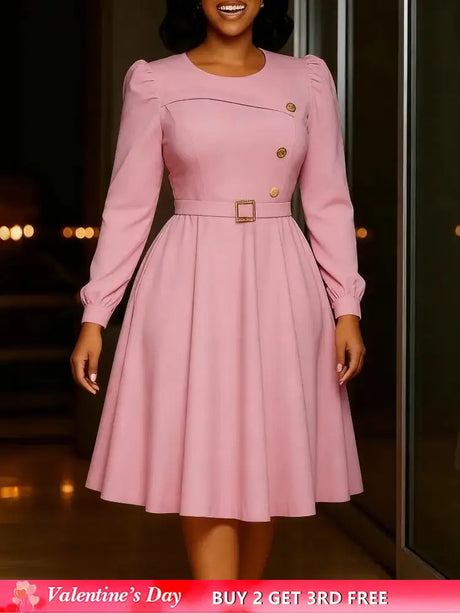 Elegant Church Women A Line Dresses O Neck Long Sleeve Waist Belt High Waist Pleated