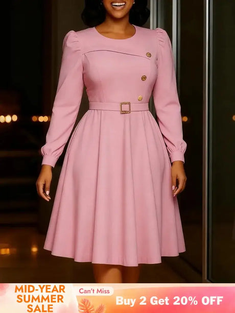 Elegant Church Women A Line Dresses O Neck Long Sleeve Waist Belt High Waist Pleated