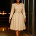 Elegant Church Women A Line Dresses O Neck Long Sleeve Waist Belt High Waist Pleated Khaki / S