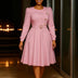Elegant Church Women A Line Dresses O Neck Long Sleeve Waist Belt High Waist Pleated Pink / S