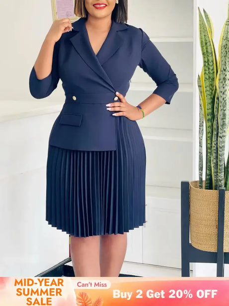 Elegant Dress For Women Notched Collar Three Quarter Sleeve Pleated