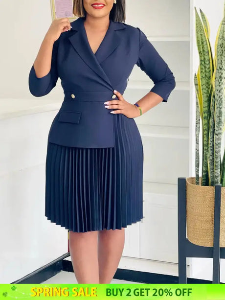 Elegant Dress For Women Notched Collar Three Quarter Sleeve Pleated