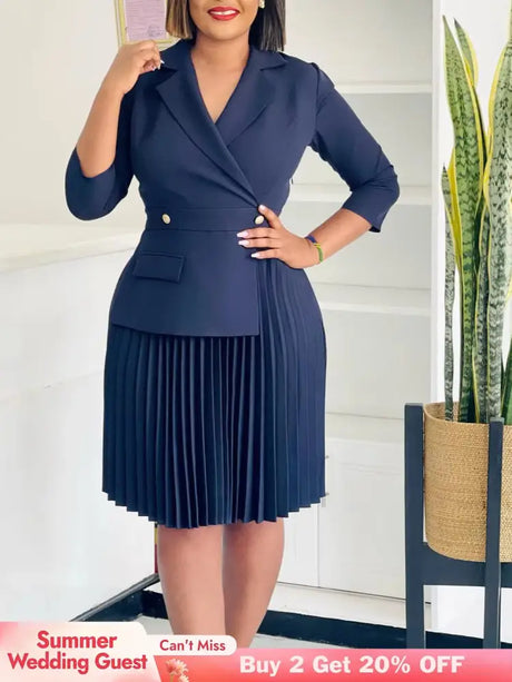 Elegant Dress For Women Notched Collar Three Quarter Sleeve Pleated
