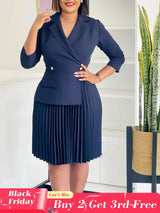 Elegant Dress For Women Notched Collar Three Quarter Sleeve Pleated