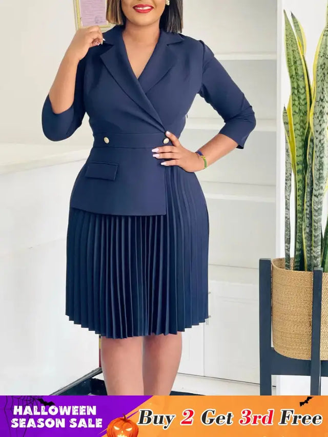 Elegant Dress For Women Notched Collar Three Quarter Sleeve Pleated
