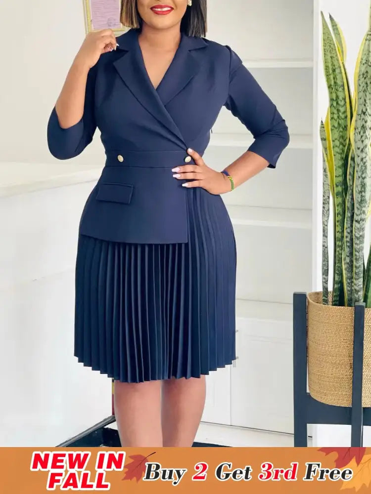 Elegant Dress For Women Notched Collar Three Quarter Sleeve Pleated