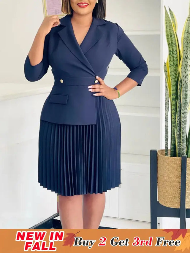 Elegant Dress For Women Notched Collar Three Quarter Sleeve Pleated
