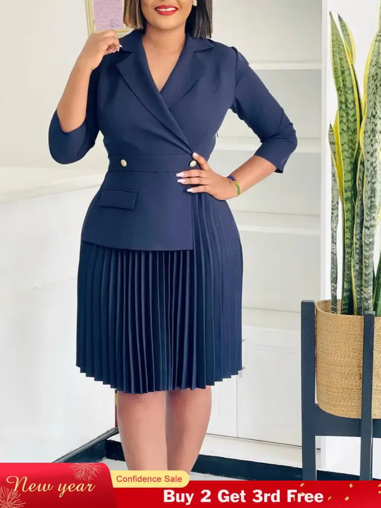 Elegant Dress For Women Notched Collar Three Quarter Sleeve Pleated