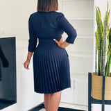 Elegant Dress For Women Notched Collar Three Quarter Sleeve Pleated