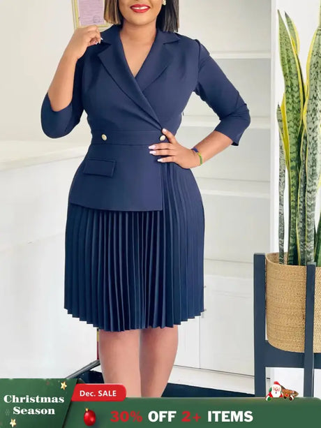 Elegant Dress For Women Notched Collar Three Quarter Sleeve Pleated