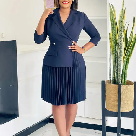 Elegant Dress For Women Notched Collar Three Quarter Sleeve Pleated Dark Blue / S