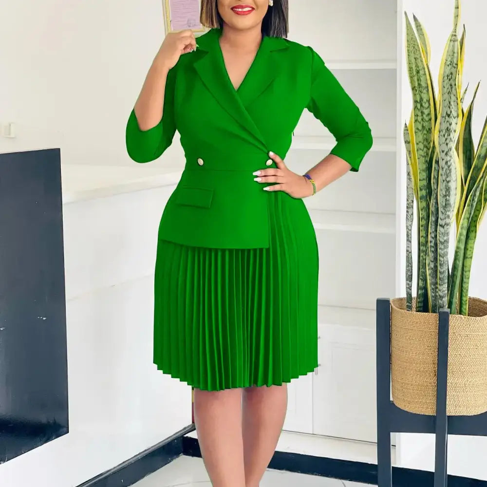 Elegant Dress For Women Notched Collar Three Quarter Sleeve Pleated Green / S