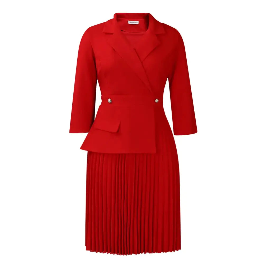 Elegant Dress For Women Notched Collar Three Quarter Sleeve Pleated Red / S