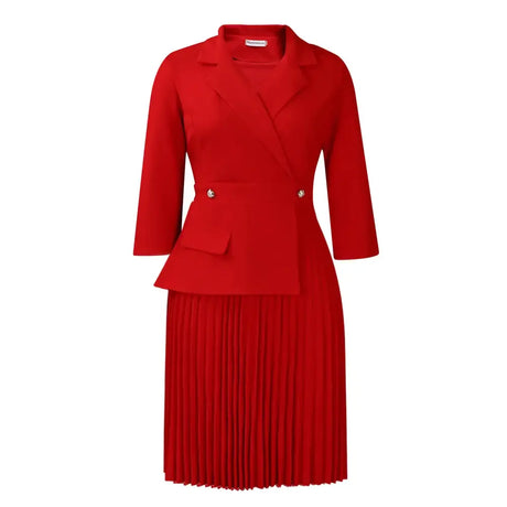 Elegant Dress For Women Notched Collar Three Quarter Sleeve Pleated Red / S