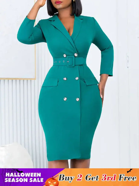 Elegant Dresses for Women Notched Collar Long Sleeve Double Breasted with Belt