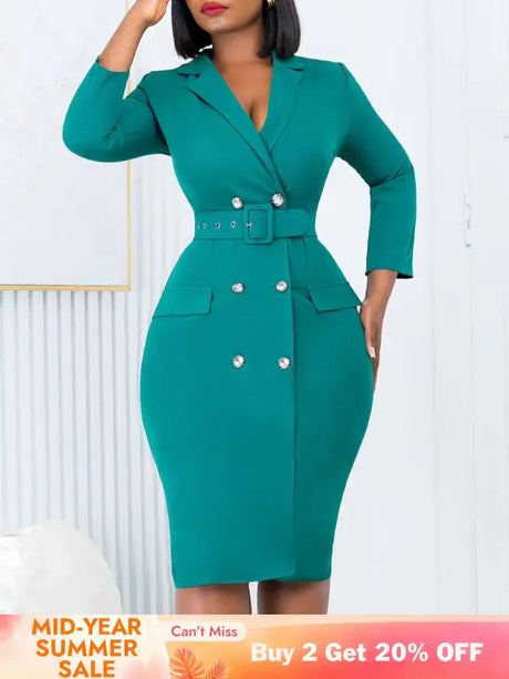 Elegant Dresses for Women Notched Collar Long Sleeve Double Breasted with Belt