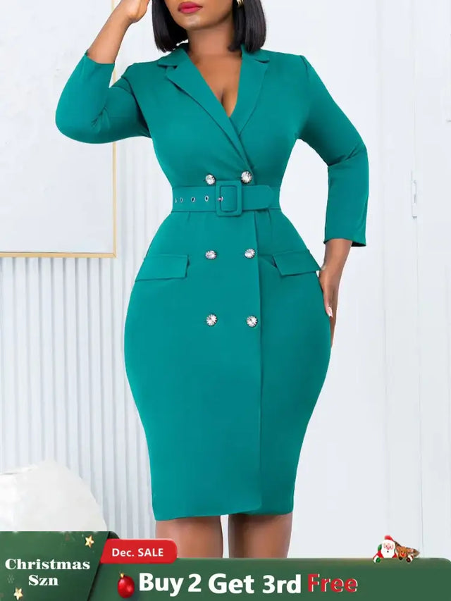 Elegant Dresses for Women Notched Collar Long Sleeve Double Breasted with Belt